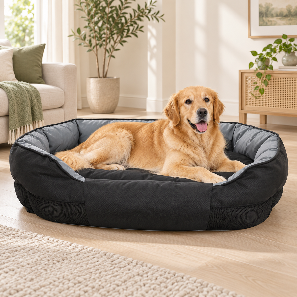 Panier pour chien Oxford imperméable noir et gris, chien golden retriever assis, langue pendante