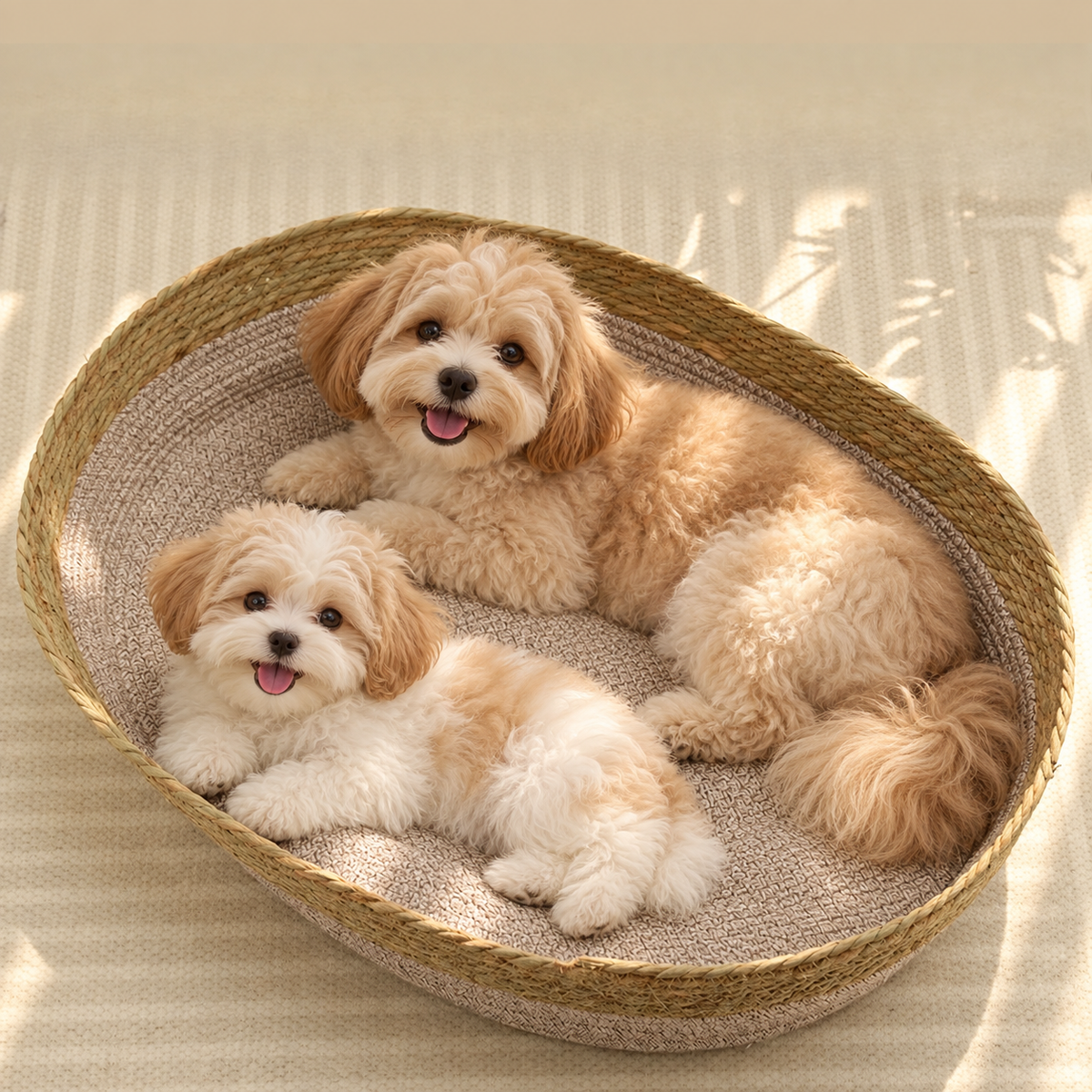Panier rond tressé respirant pour chien — deux chiots installés ensemble