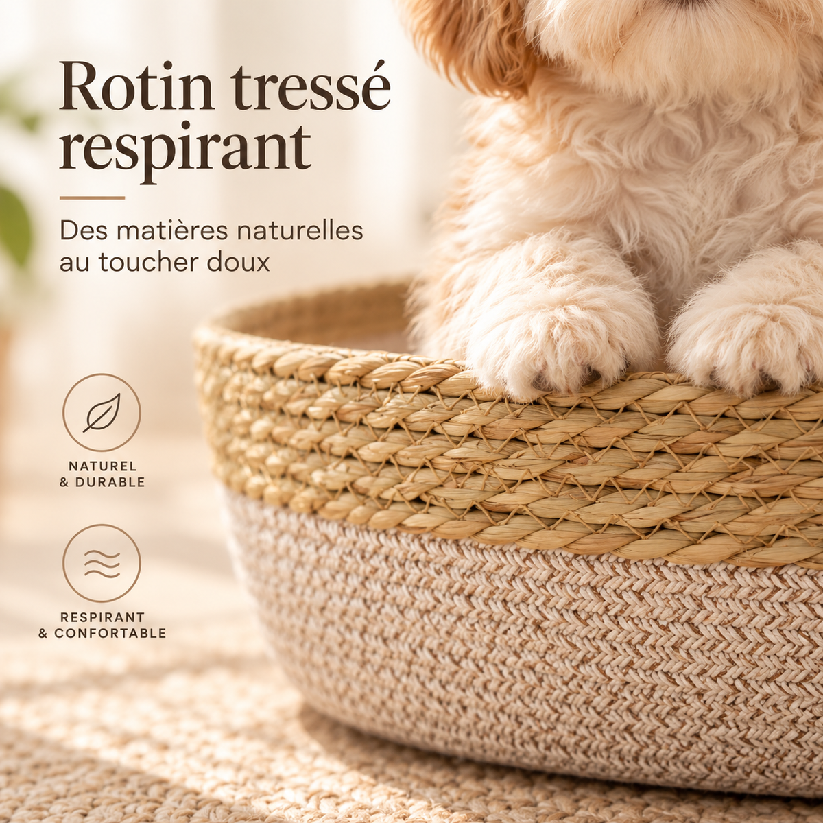 Panier rond tressé respirant pour chien — détail du rotin tressé