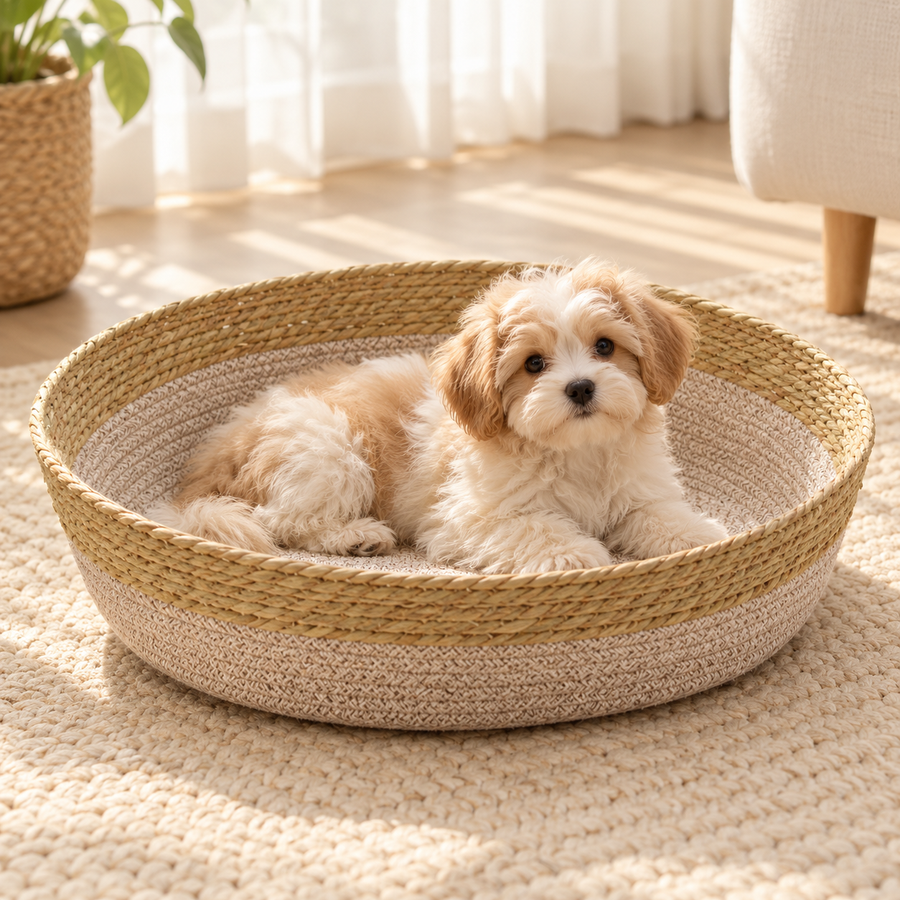 Panier rond tressé respirant pour chien, chiot installé
