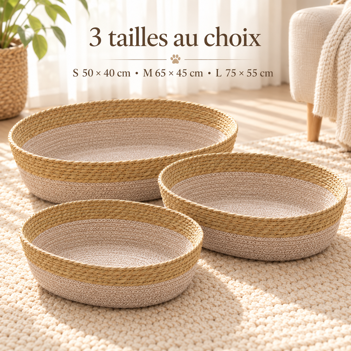Guide des tailles du panier rond tressé pour chien - S, M, L