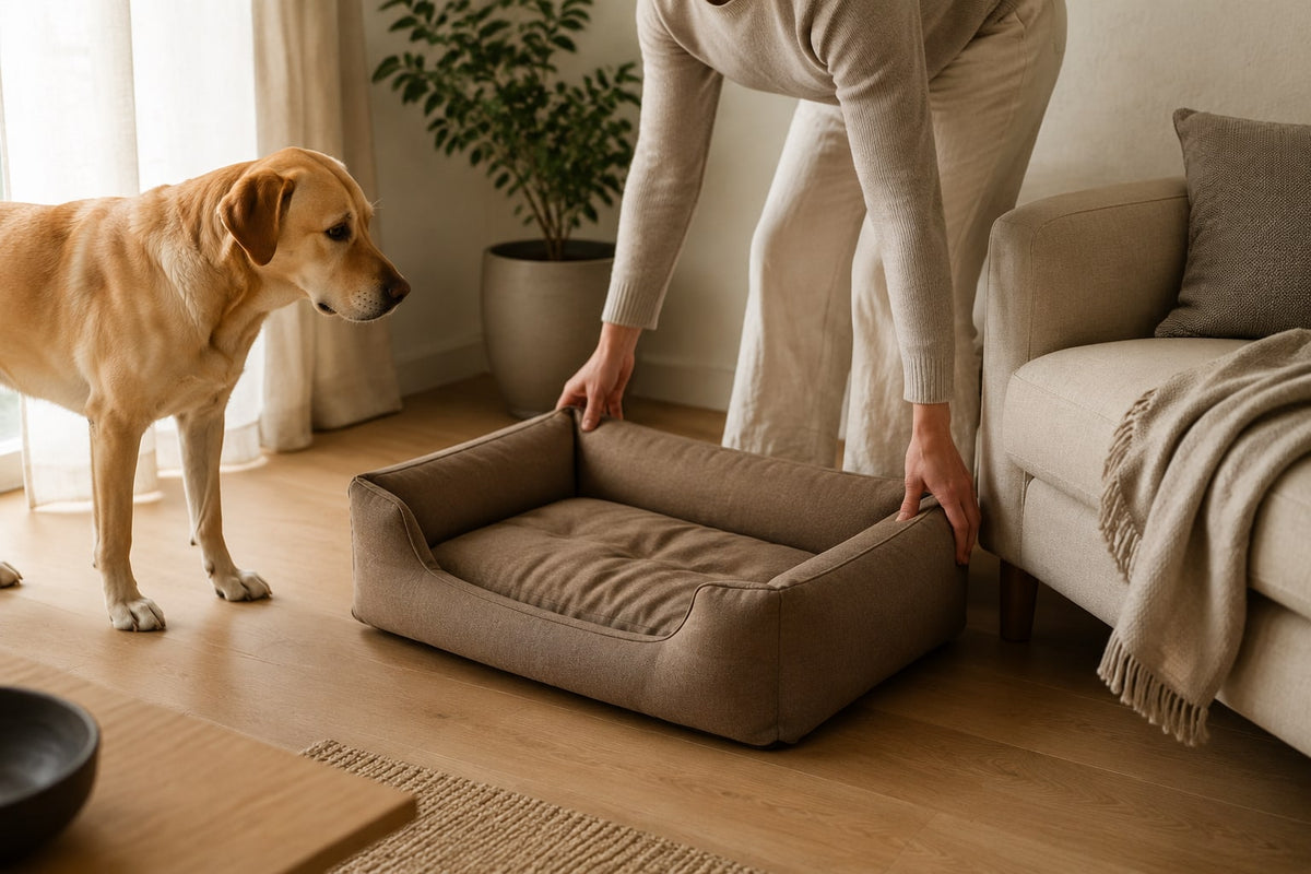 Chien installé dans son panier au milieu du salon