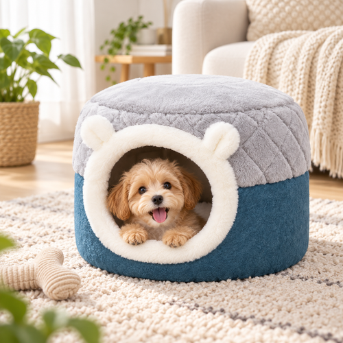 Chiot installé dans le panier cocon 2-en-1 PaniHome, mode niche fermée