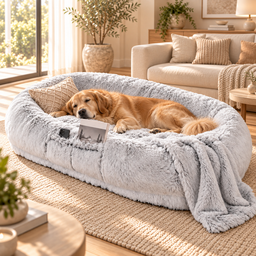 Golden retriever endormi seul dans le panier cocon géant orthopédique PaniHome