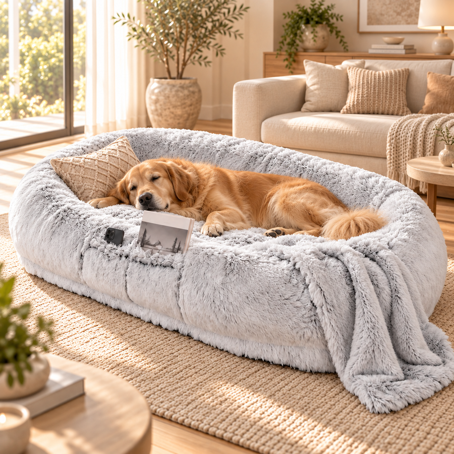 Golden retriever endormi seul dans le panier cocon géant orthopédique PaniHome