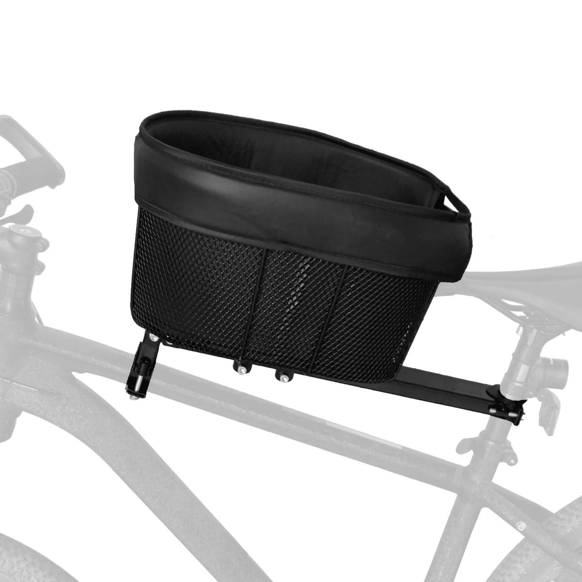 Panier de vélo pour chien en métal, vue montée sur le cadre du vélo