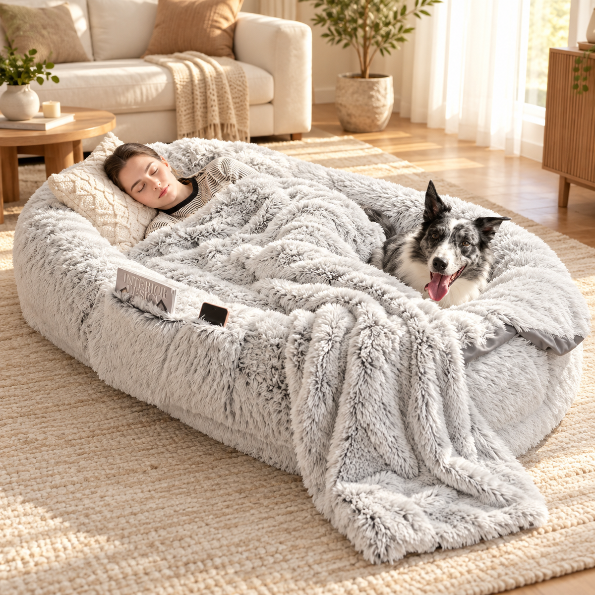 Femme et chien border collie dormant ensemble dans le panier cocon géant PaniHome, avec poche latérale contenant magazine et téléphone