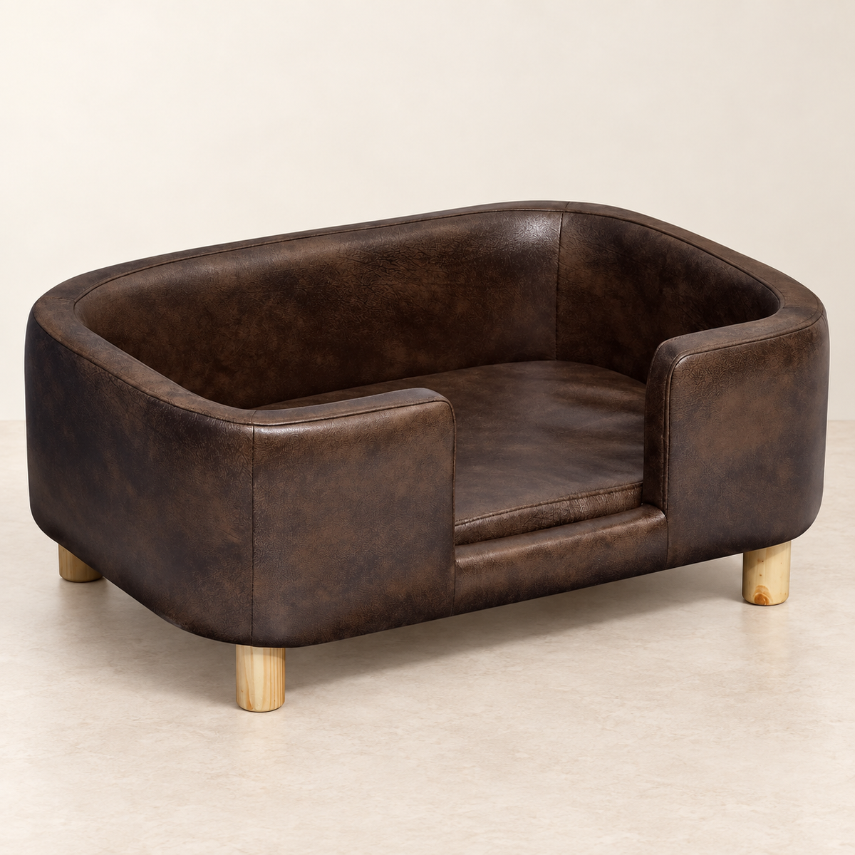 Sofa canapé pour petit chien en simili cuir chocolat, vue studio