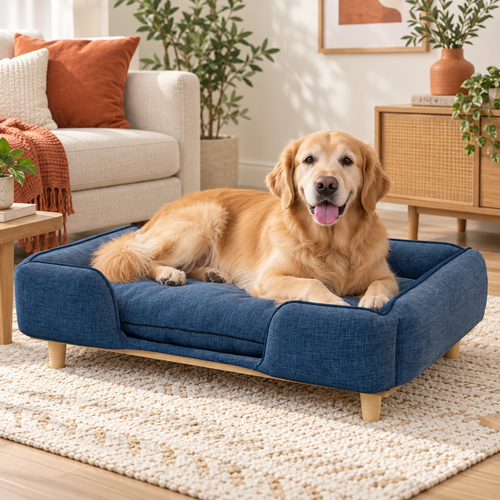 Golden Retriever confortablement installé dans le sofa design pour grand chien bleu marine