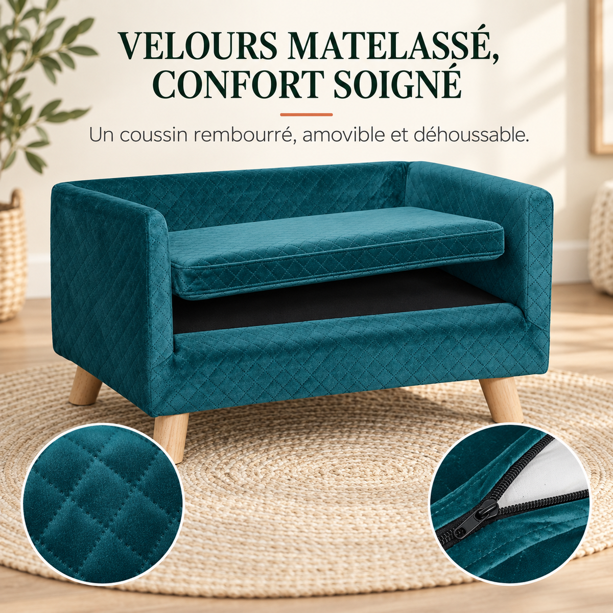 Gros plan sur le coussin en velours matelassé amovible et déhoussable du sofa scandinave bleu canard