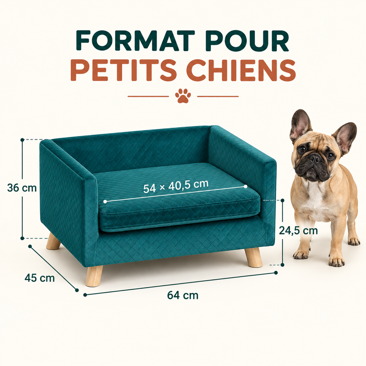 Guide des tailles du sofa scandinave pour petit chien : dimensions 64 x 45 x 36 cm