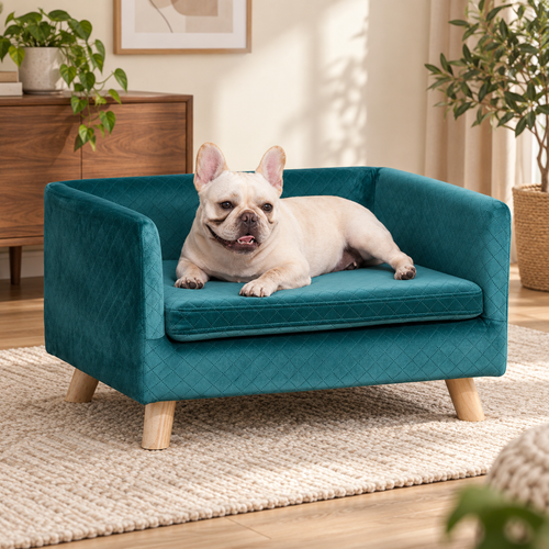 Bouledogue français assis dans le sofa scandinave en velours bleu canard, pieds en bois