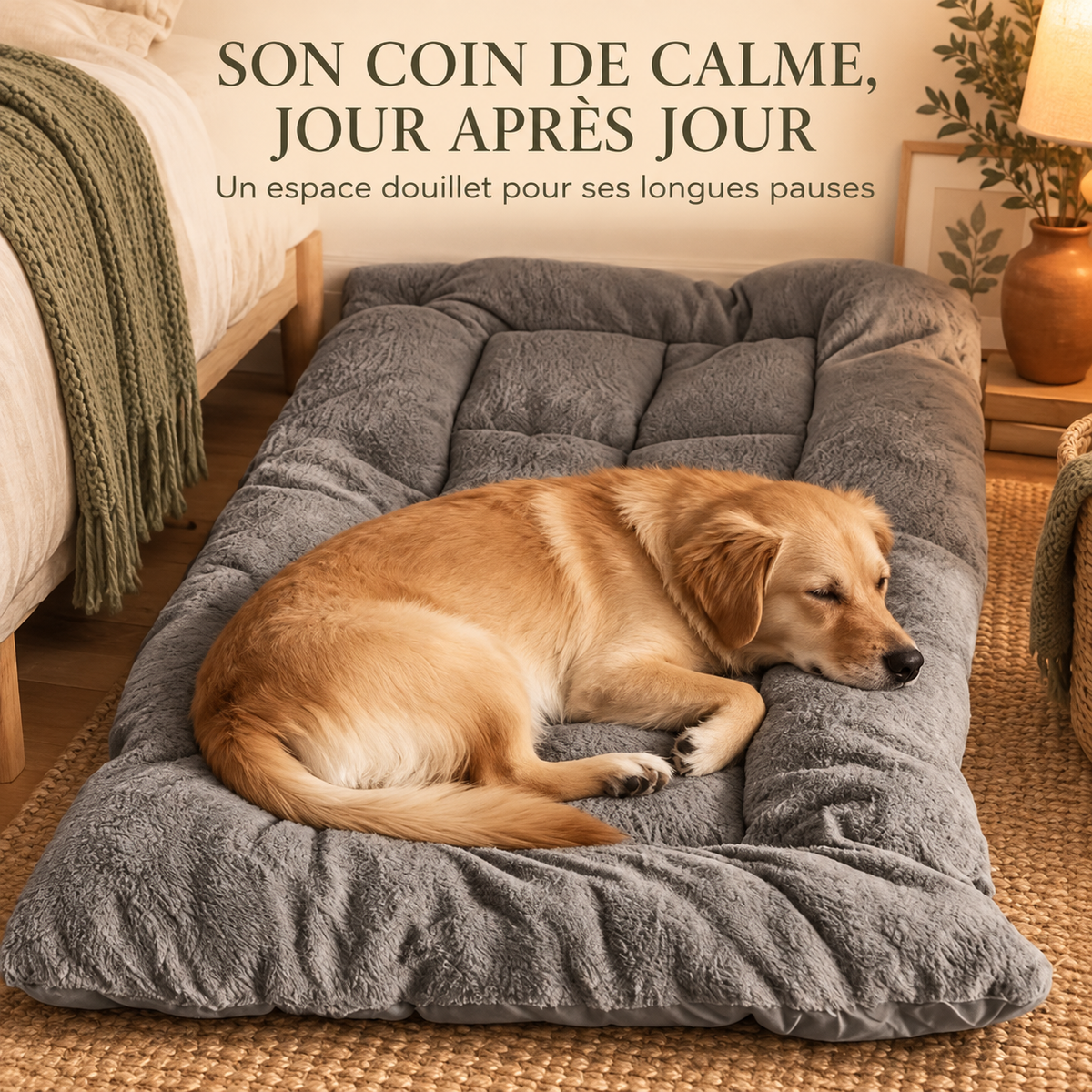 Golden retriever endormi sur le tapis en peluche posé au pied du lit, chambre chaleureuse