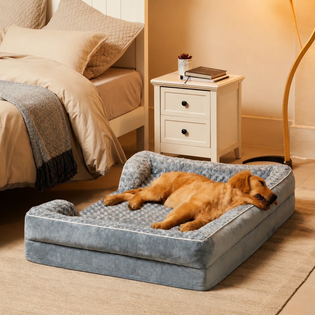 Golden retriever endormi sur un matelas orthopédique gris épais à rebords, au pied d'un lit